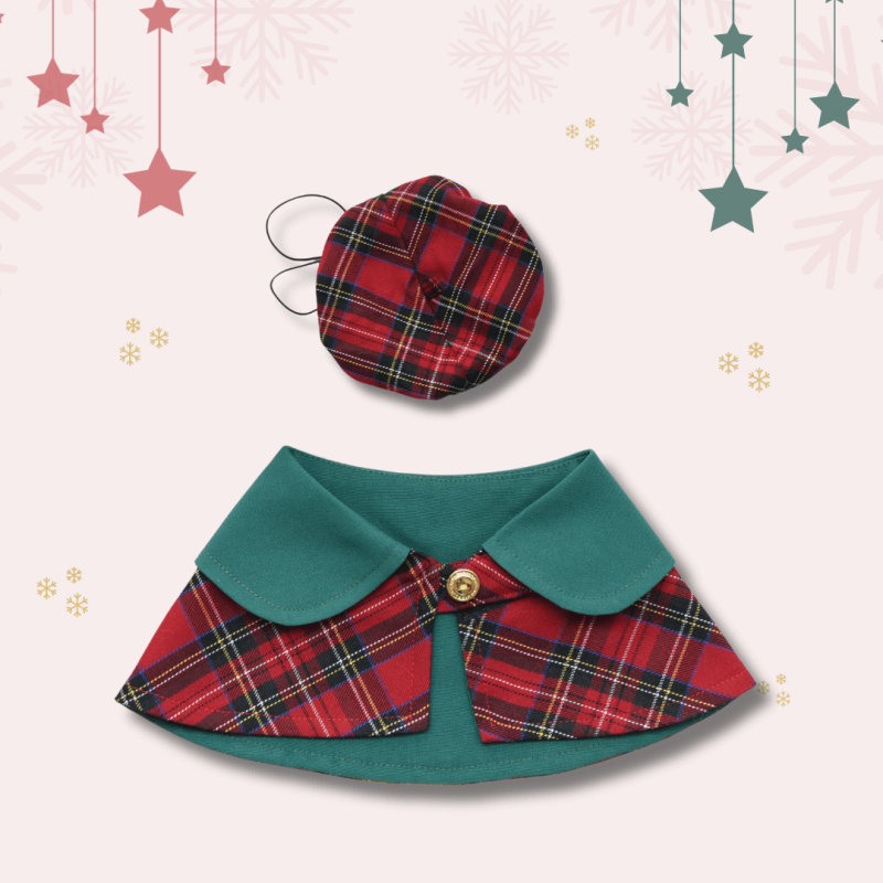 【聖誕禮物】聖誕英倫風寵物服飾套組 |斗篷+貝雷帽| 聖誕紅